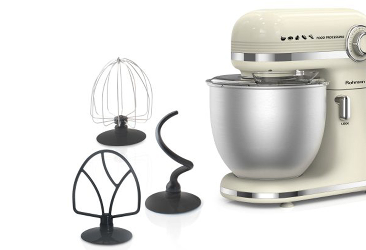 Απεικονίζονται η κουζινομηχανή και τα εξαρτήματά της.